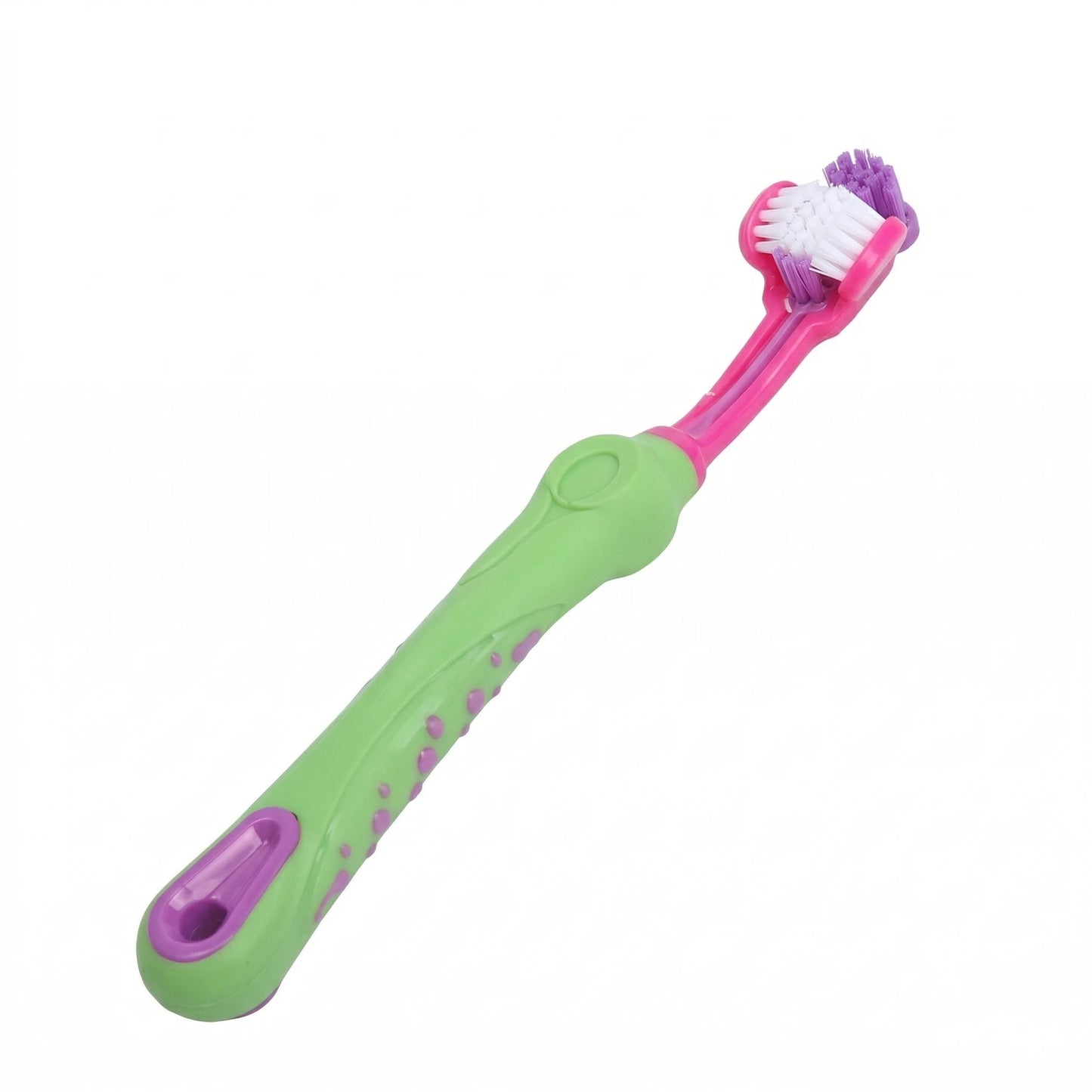 Brosse à dents pour animaux de compagnie avec trois têtes de brossage rotatives, manche antidérapant vert et violet, sur fond blanc.