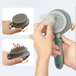 Guide d'utilisation de la brosse autonettoyante : une main appuie sur le bouton latéral pour rétracter les picots et retire instantanément la galette de poils morts.
