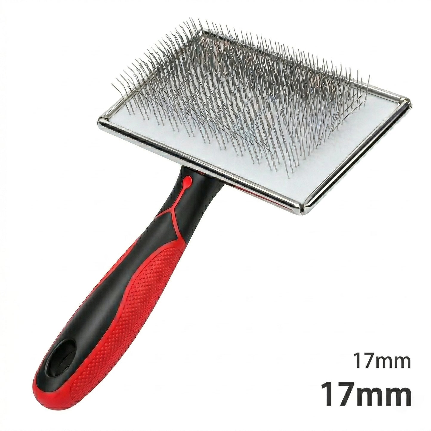 Brosse carde pour animaux de compagnie avec manche ergonomique rouge et noir et picots fins métalliques de 17mm pour le démêlage du sous-poil.