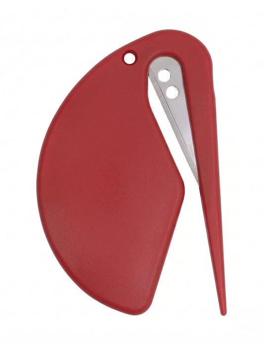 Brosse de toilettage pour chien de couleur rouge, dotée d'une lame de sécurité intégrée protégée par un guide en plastique pour couper les nœuds difficiles sans blesser l'animal.