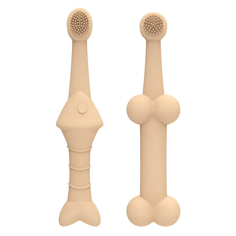 Lot de deux brosses à dents pour animaux en silicone beige, designs ludiques en forme de poisson et d'os avec têtes de brossage à picots souples.