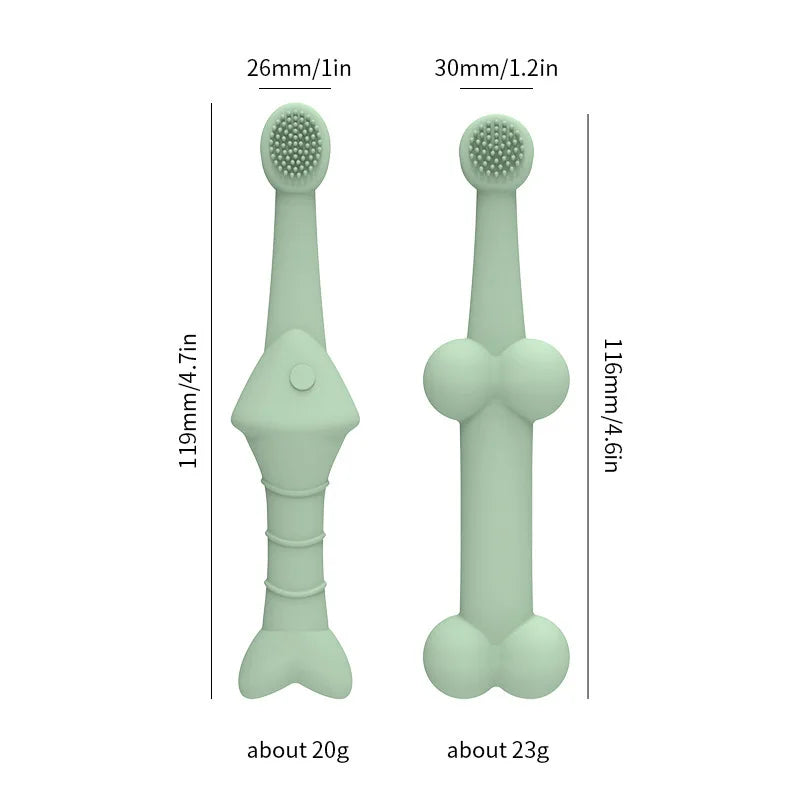 Schéma technique des brosses à dents en silicone montrant les dimensions (environ 118mm de long) et le poids léger (20g à 23g) des modèles poisson et os.