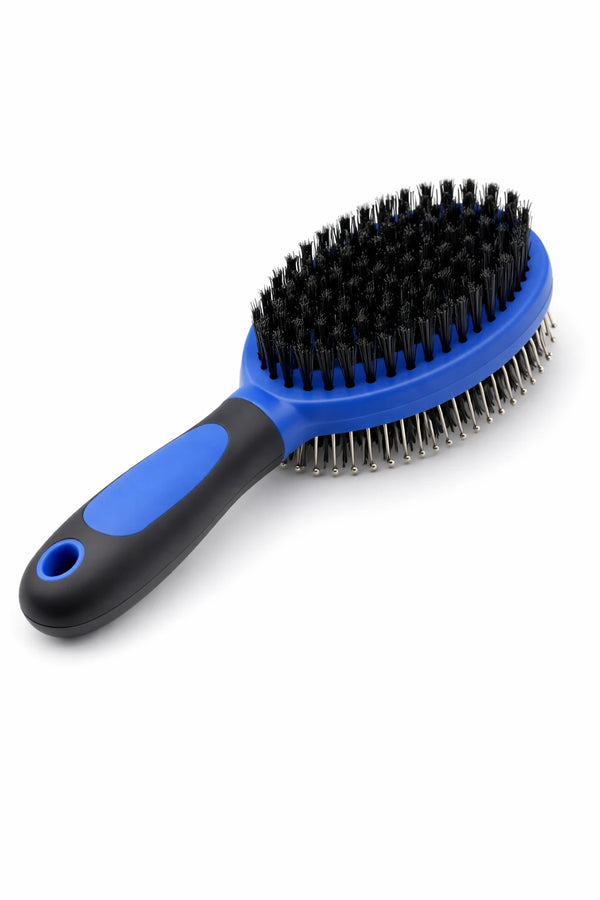 Brosse double face pour chien et chat bleue avec picots métalliques et fibres souples pour démêler et lisser le pelage