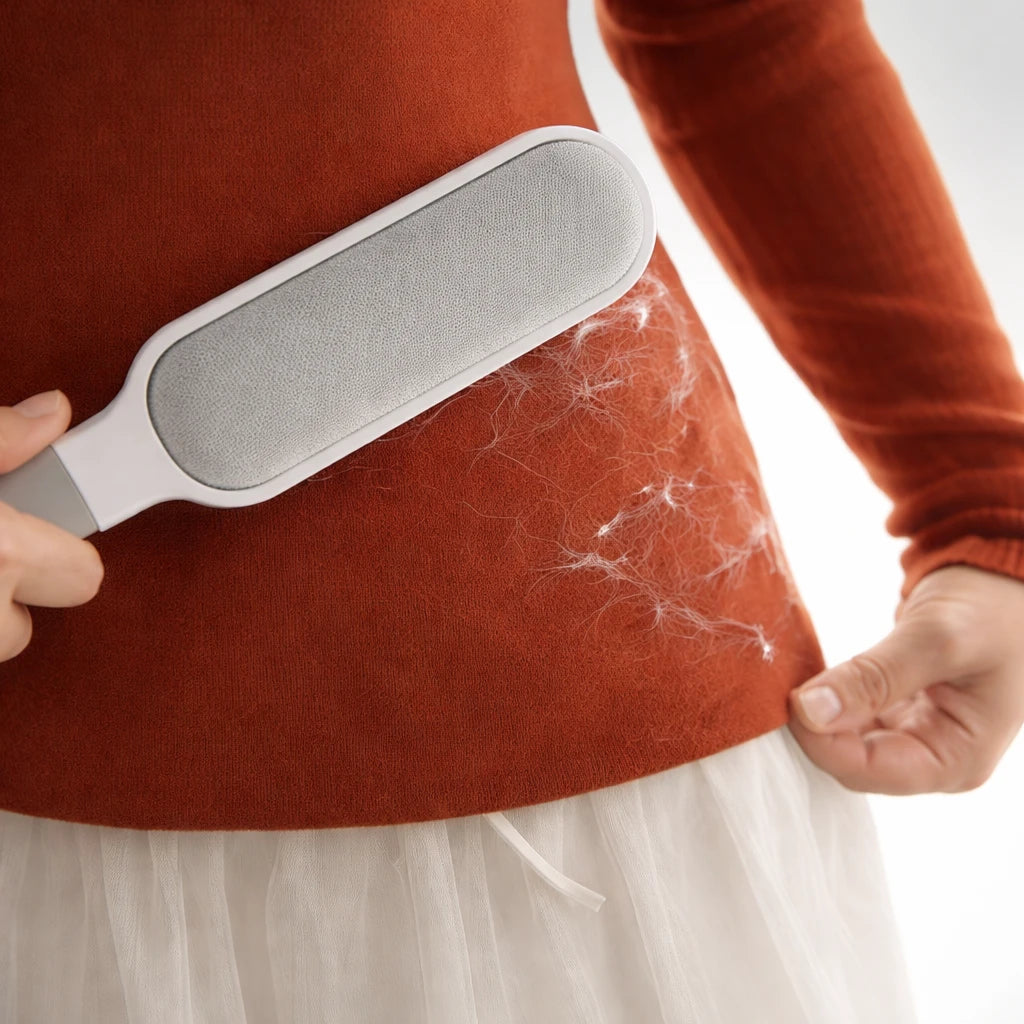 Brosse anti-peluches réutilisable utilisée sur un pull pour enlever poils et peluches sur tissu