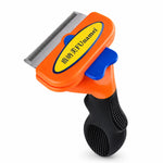 Brosse anti-poils pour chien orange avec bouton bleu et lame en acier inoxydable pour retirer facilement le sous-poil et les poils morts