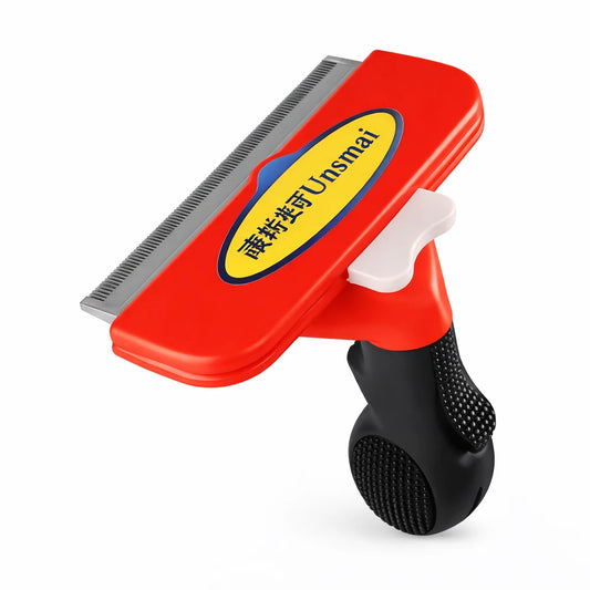Brosse anti-poils pour chien rouge avec lame en acier et bouton éjecteur pour retirer facilement les poils morts