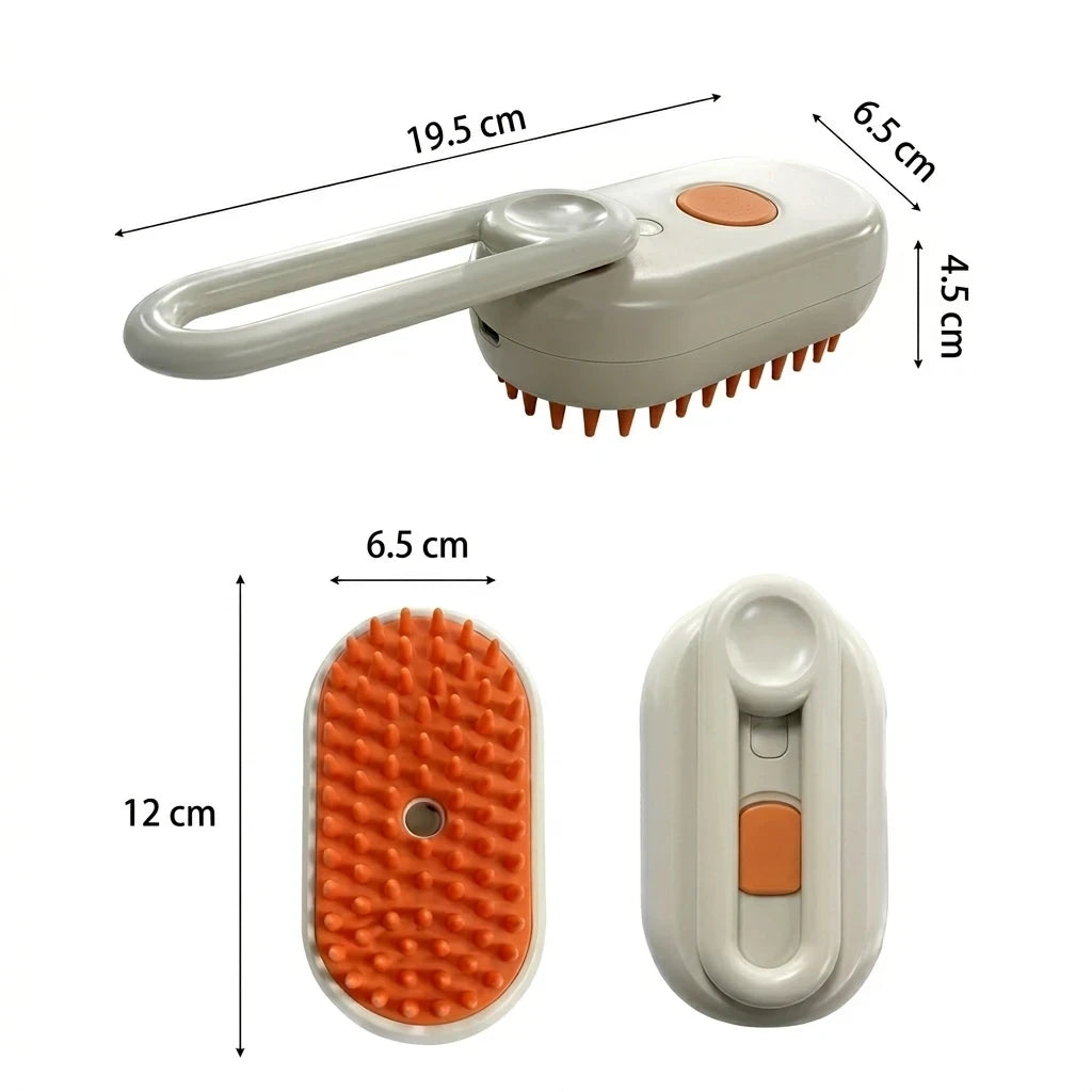 Brosse vapeur pour chien et chat avec picots souples, affichage des dimensions du produit et poignée ergonomique pour un brossage pratique