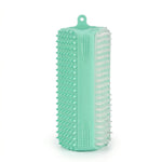 Brosse rectangulaire en silicone couleur turquoise avec différentes textures de picots blancs et turquoise, adaptée pour le brossage et le massage doux des animaux.