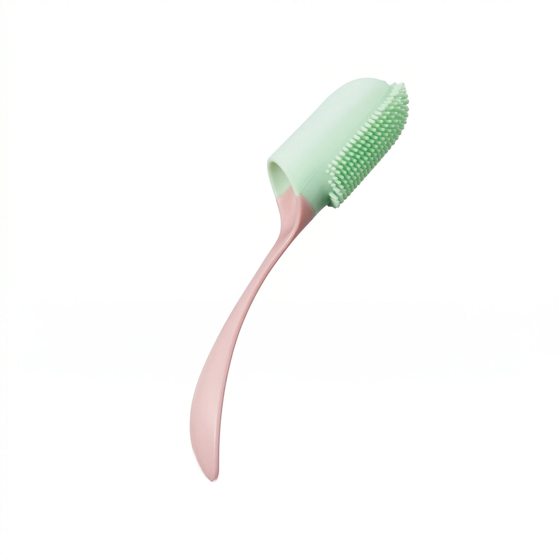 Brosse à dents doigt pour chien en silicone vert et rose avec picots souples pour nettoyer les dents et masser les gencives