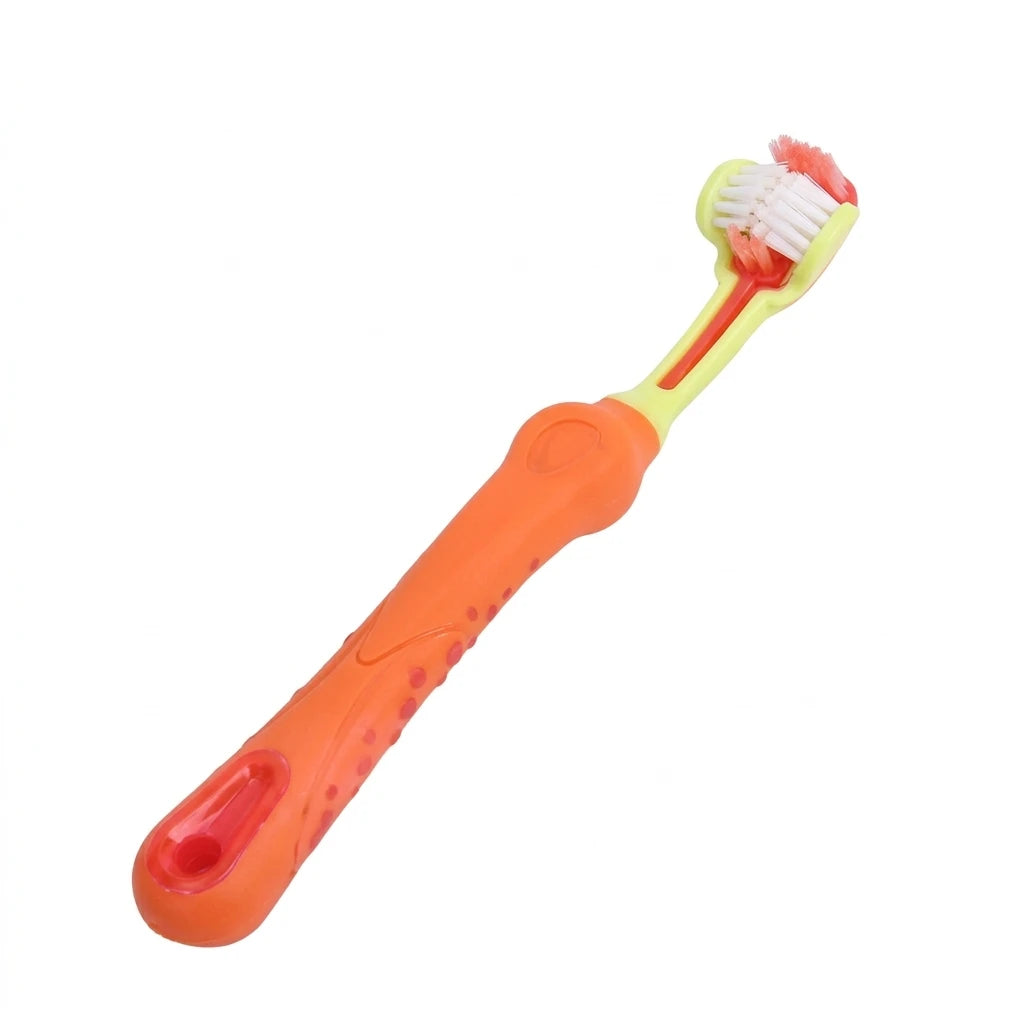 Brosse à dents pour chien triple tête orange avec poignée antidérapante pour un nettoyage complet des dents et des gencives du chien