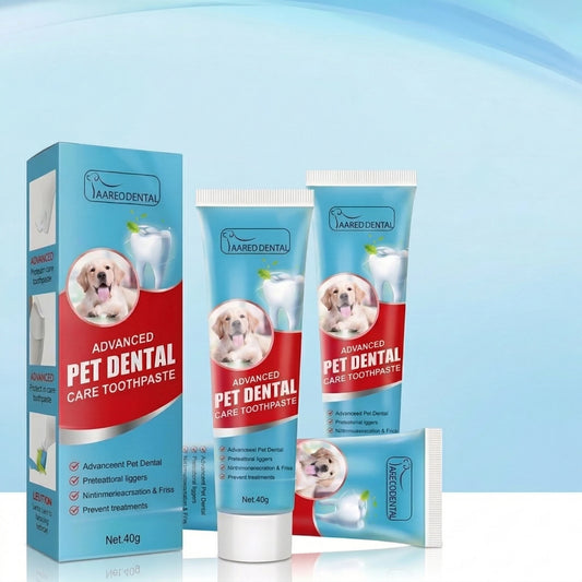 Tube et boîte de dentifrice professionnel pour animaux de compagnie, formule hygiène dentaire avancée avec image de Golden Retriever.