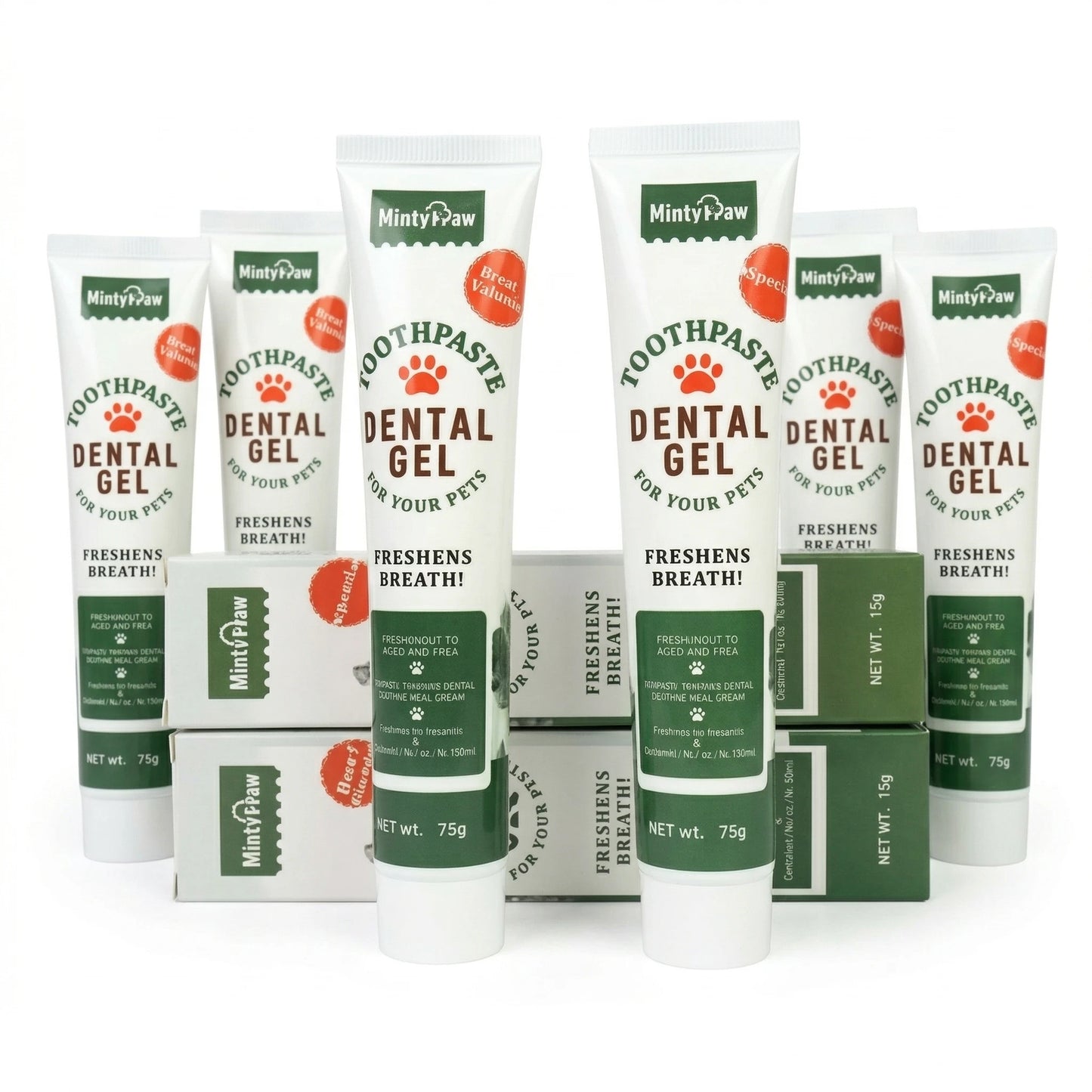Présentation de plusieurs tubes de dentifrice en gel "Dental Gel" de la marque MintyPaw, conçus pour rafraîchir l'haleine et l'hygiène buccale des chiens et chats.