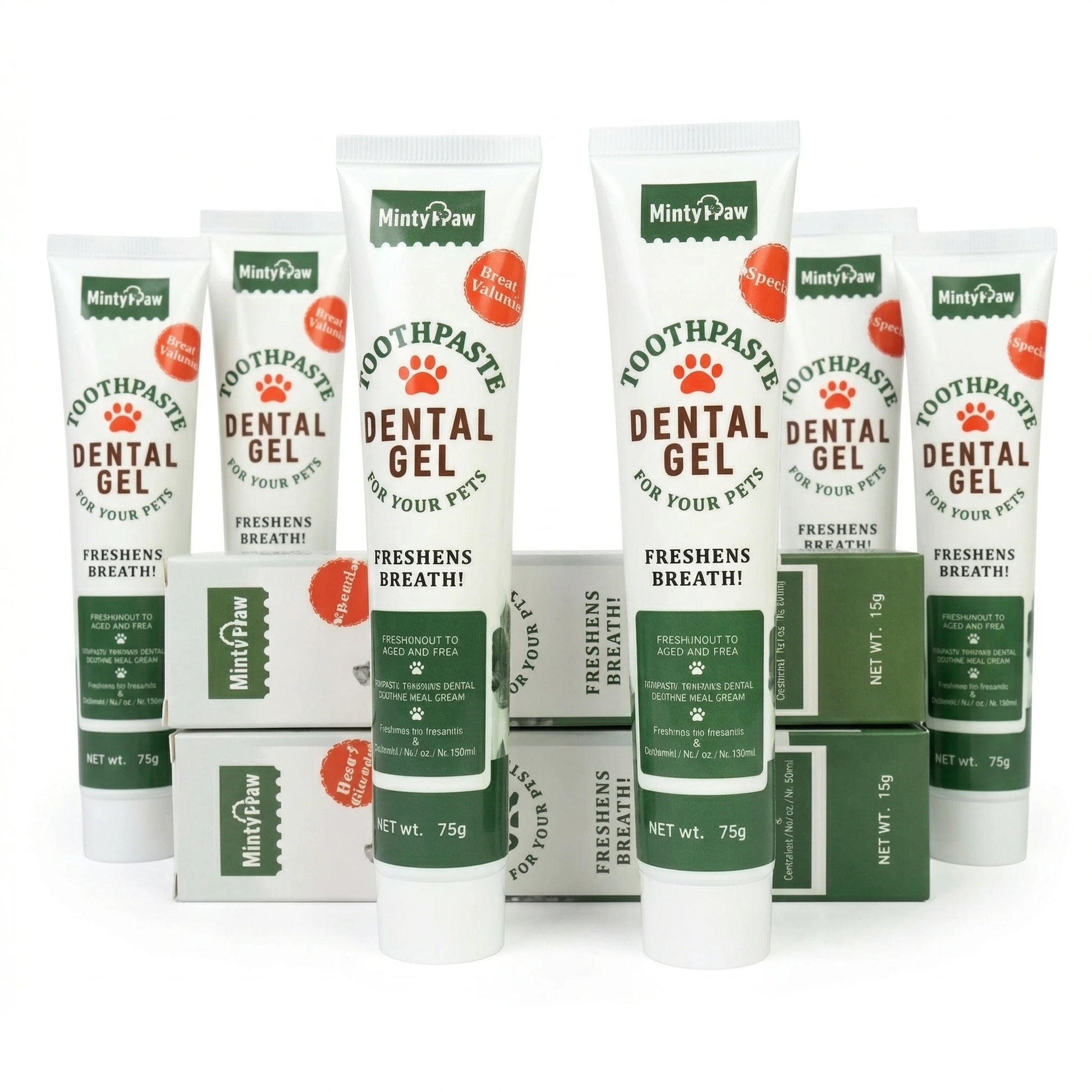 Présentation de plusieurs tubes de dentifrice en gel "Dental Gel" de la marque MintyPaw, conçus pour rafraîchir l'haleine et l'hygiène buccale des chiens et chats.