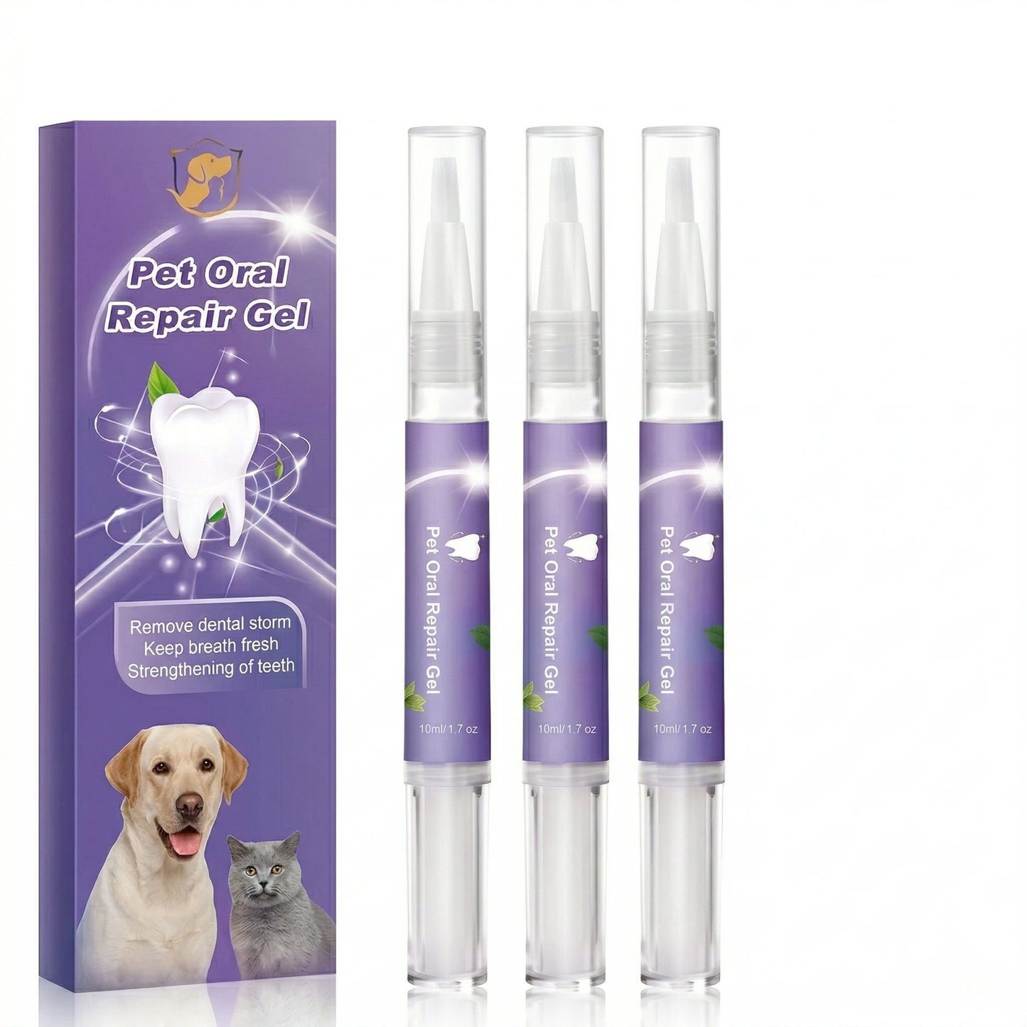 Coffret de trois stylos applicateurs de gel de réparation buccale pour chiens et chats, conçu pour éliminer le tartre et rafraîchir l'haleine.