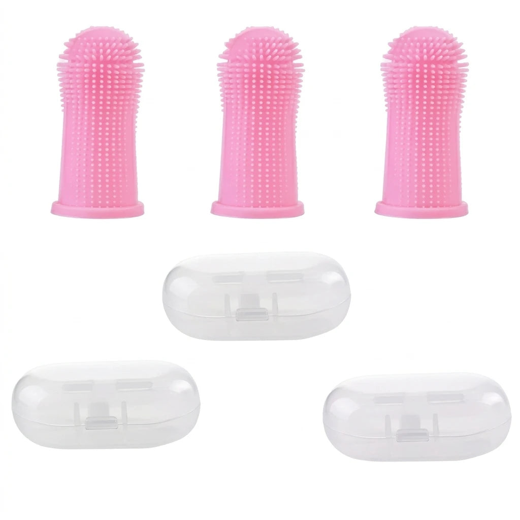 Lot de brosses à dents doigt en silicone rose avec boîtes de rangement pour nettoyage dentaire chien et chat