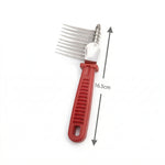 Schéma des dimensions d'un peigne râteau démêleur rouge pour chien et chat montrant une longueur totale de 16,5cm, sur fond blanc.