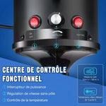 Gros plan du centre de contrôle du séchoir pulseur pour animaux avec interrupteur, molette de réglage du débit d'air (20 m/s à 100 m/s) et sélecteur de température (25°C à 65°C).