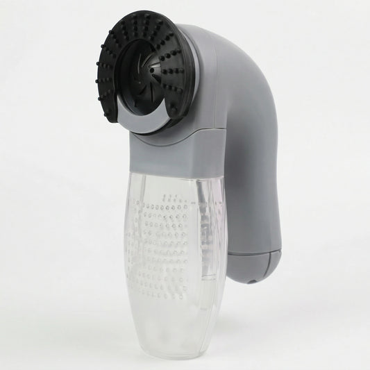 Rasoir anti-bouloche électrique gris avec poignée ergonomique et réservoir transparent pour l'entretien des vêtements et tissus.