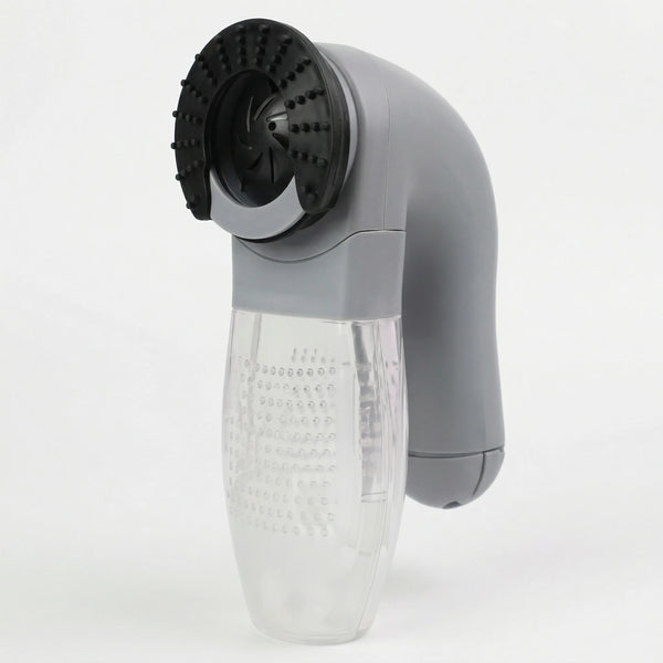 Rasoir anti-bouloche électrique gris avec poignée ergonomique et réservoir transparent pour l'entretien des vêtements et tissus.