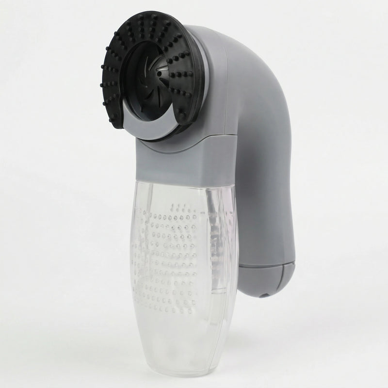 Rasoir anti-bouloche électrique gris avec poignée ergonomique et réservoir transparent pour l'entretien des vêtements et tissus.
