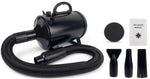 Kit complet de séchage pour animaux comprenant un pulseur noir avec tuyau flexible, trois embouts de précision différents et un manuel d'utilisation sur fond blanc.