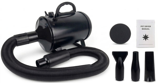 Kit complet de séchage pour animaux comprenant un pulseur noir avec tuyau flexible, trois embouts de précision différents et un manuel d'utilisation sur fond blanc.