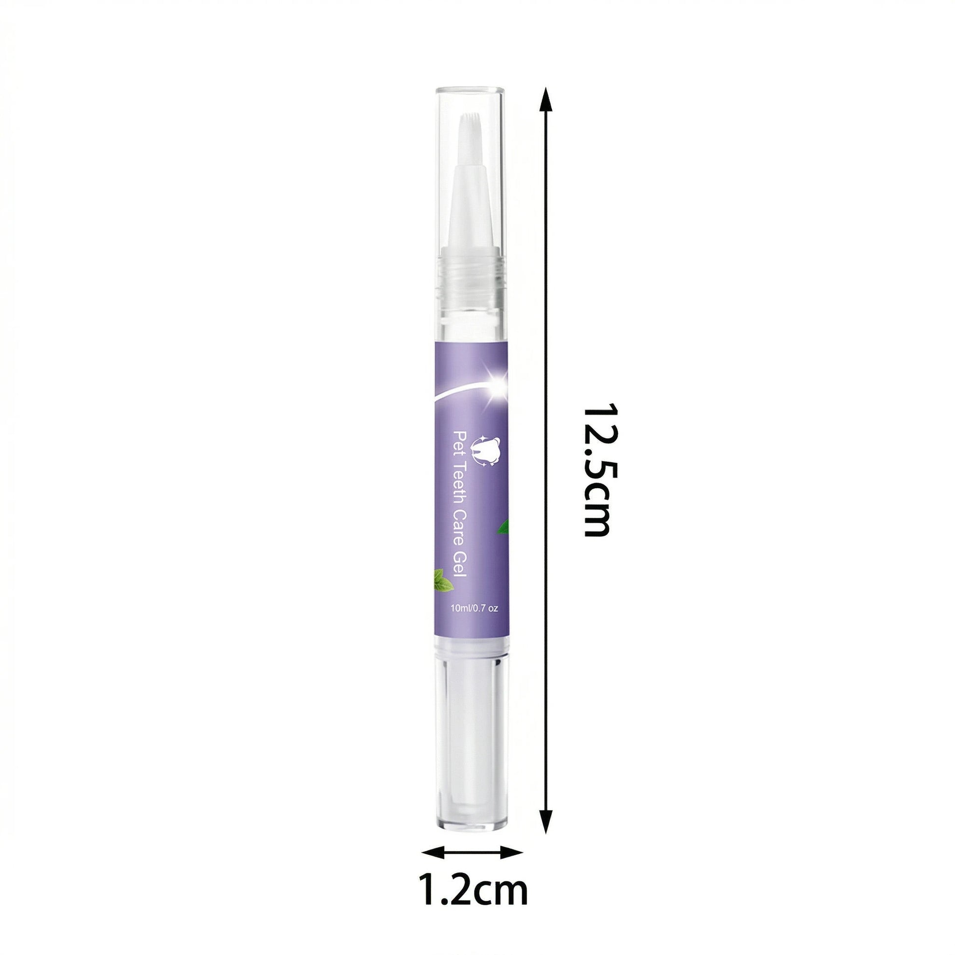 Schéma détaillé d'un stylo applicateur de gel dentaire pour animaux montrant ses dimensions de 12,5 cm de hauteur et 1,2 cm de largeur.