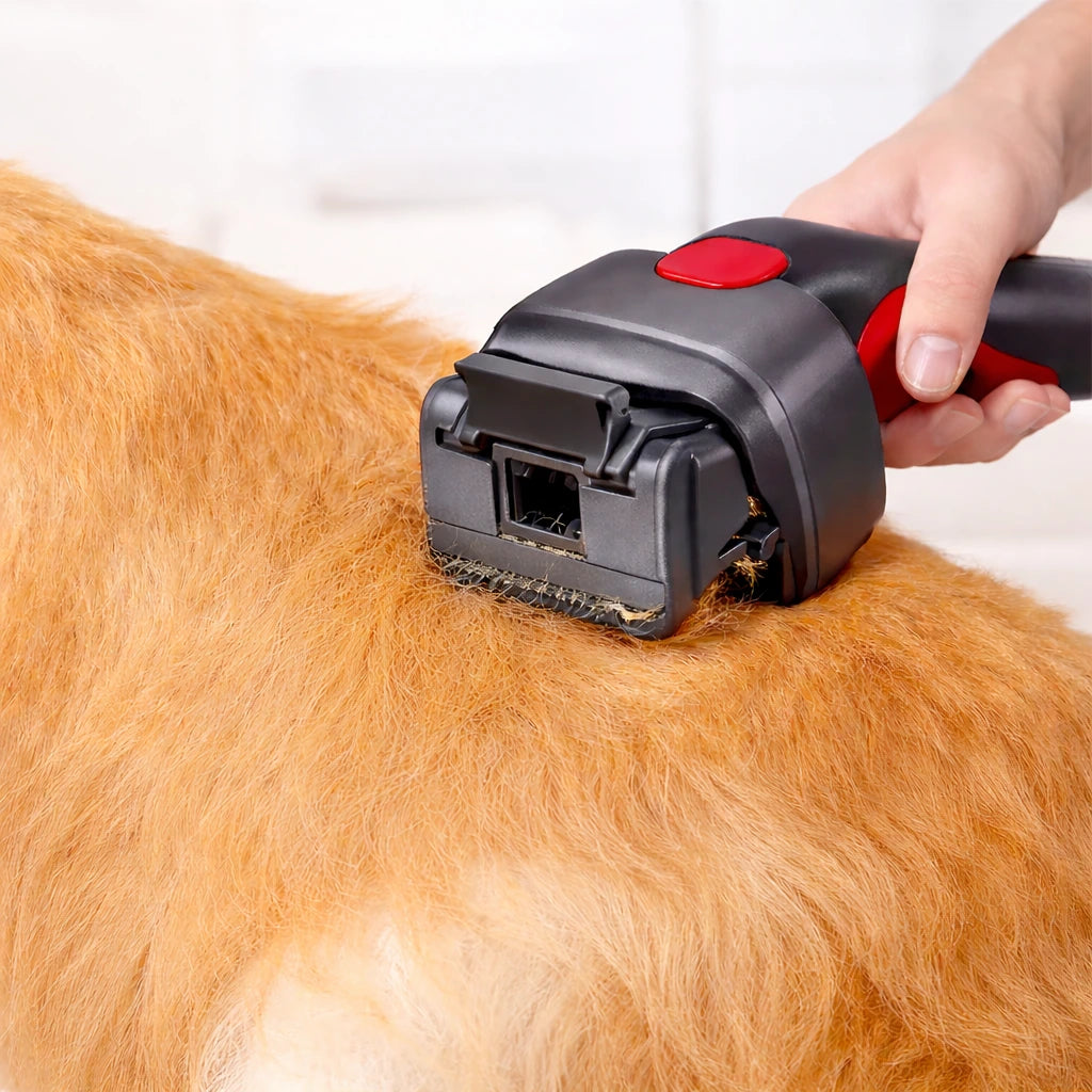 Brosse aspirateur pour chien en train de retirer les poils sur pelage avec système autonettoyant compatible Dyson