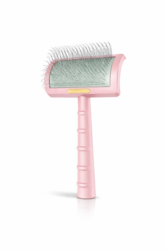 Brosse démêlante courbée rose pour animaux avec picots en acier pour retirer les nœuds et poils morts facilement