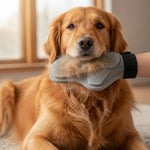 Gant de toilettage utilisé sur un chien pour retirer les poils morts et entretenir le pelage en douceur