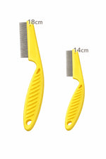 Peigne anti-puces jaune pour chien et chat avec deux formats 18 cm et 14 cm, dents fines pour éliminer puces et parasites du pelage